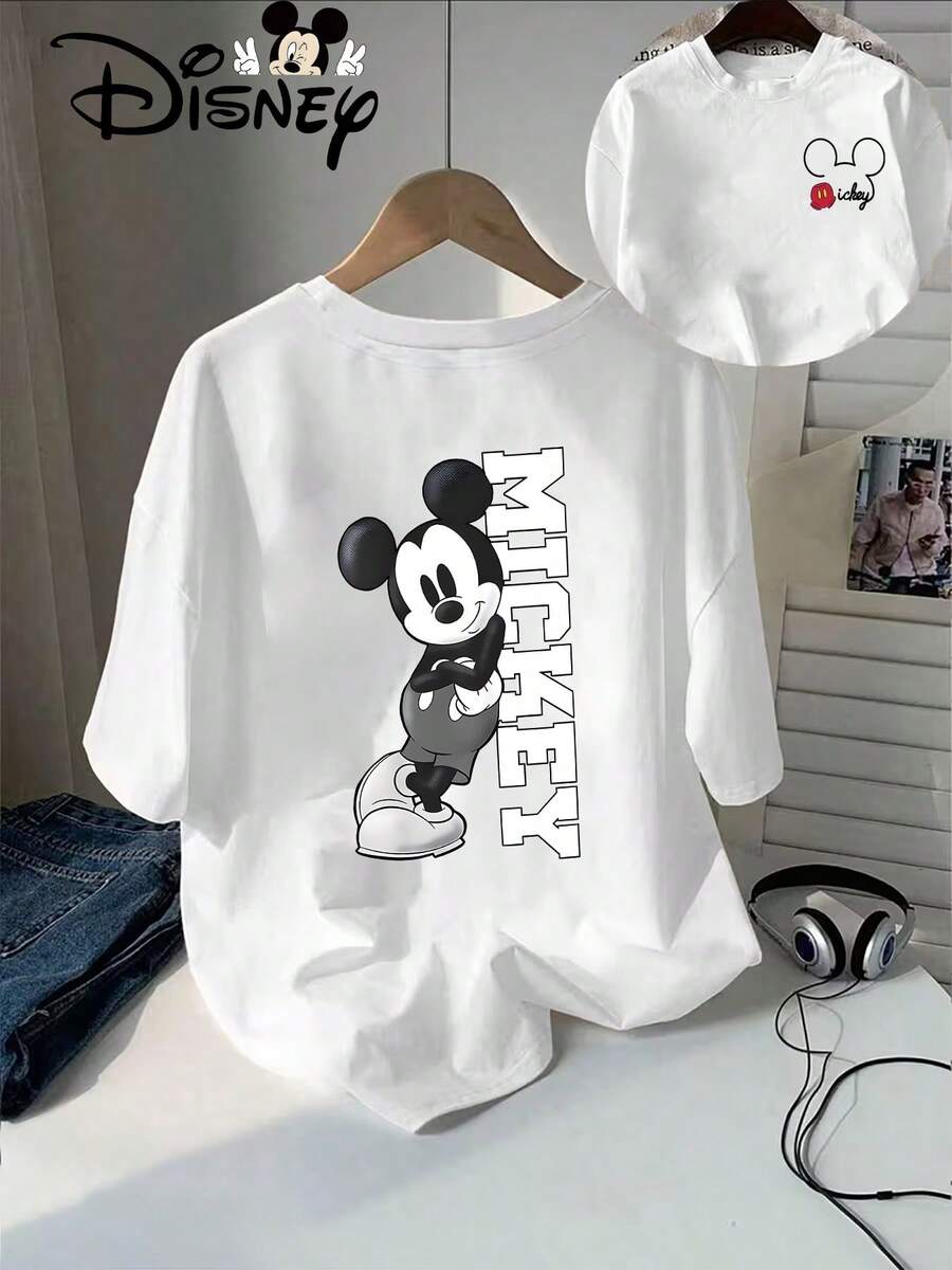Disney Plus Size - Plus Size - Genuine Mickey Cartoon Character And MICKEY Lettering Summer New Short-Sleeved T-Shirt Top Women'S Casual Fashion Graphic Tees - White - View 1
