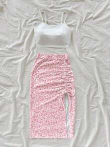 Conjunto de 2 piezas para mujer con vestido casual floral y top negro, adecuado para vacaciones de verano - Multicolor 4 - Ver 3