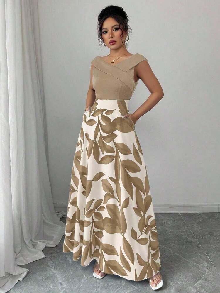 Vestido midi casual de estilo vacacional con escote en V, cintura y vuelo, en estampado azul de patchwork para mujer - Caqui - Añade 3