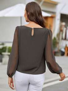 Blusa con mangas de farol y escote en la espalda, blusas de manga larga - Gris Oscuro - Ver 2