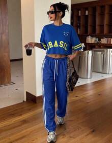 Cropped T-Shirt, Oversized, Brazil Print, Round Neck, Short Sleeves, World Cup Fan Theme 2026 - Xanh và vàng - Xem 4