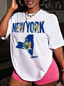Mujeres Estadounidense Estilo Desvanecimiento Resistente Corto Manga T Camisa Nuevo York Carta & Nuevo York Estado Mapa Gráfico Imprimir Informal Superior, Cómodo Versátil Tee Adecuado Para Diario Ropa Y Deportes, Ideal Regalo Elección Para Damas-Vintage Calle Estilo Unisexo Suelto Algodón Corto Manga Tripulación Cuello Camiseta para mujer, ropa fresca de verano - Blanco - Ver 2
