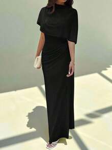 xheAloruh Vestido largo elegante y minimalista con diseño de cintura elástica, multicapa de volantes en la cintura, favorecedora silueta, adecuado para el trabajo, citas, vacacionesxhe - Negro - Ver 9