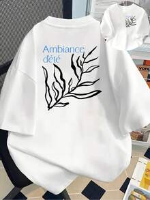Camiseta de manga corta estampada con diseños frontales y traseros, estampado de temática veraniega, camiseta casual moderna para mujer con diseño de rama de olivo, top casual de manga corta y cuello redondo, adecuada para verano y primavera, ropa de mujer 100% algodón. - Blanco - Ver 7