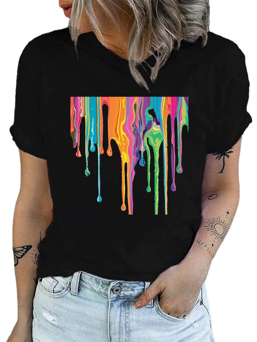 Printed T-Shirt, Casual Short Sleeve Round Neck Top For Spring And Summer, Women's Clothing - Unisex Vintage Urban Style Loose Cotton Round Neck Short Sleeve T-Shirt - 黑色 - 查看 1