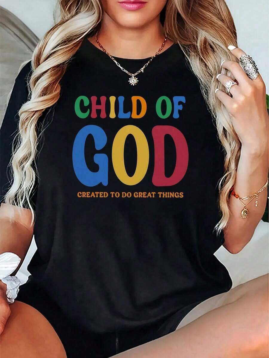 Nueva Llegada 2026: Camiseta de Algodón con Logo de Child Of God, Estilo Hip Hop, Manga Corta, Streetwear, Cuello Redondo, Tela Suave, Transpirable, 100% Algodón, para Uso Diario, Camiseta para Mujer con Estampado Gráfico. - Negro - Ver 1