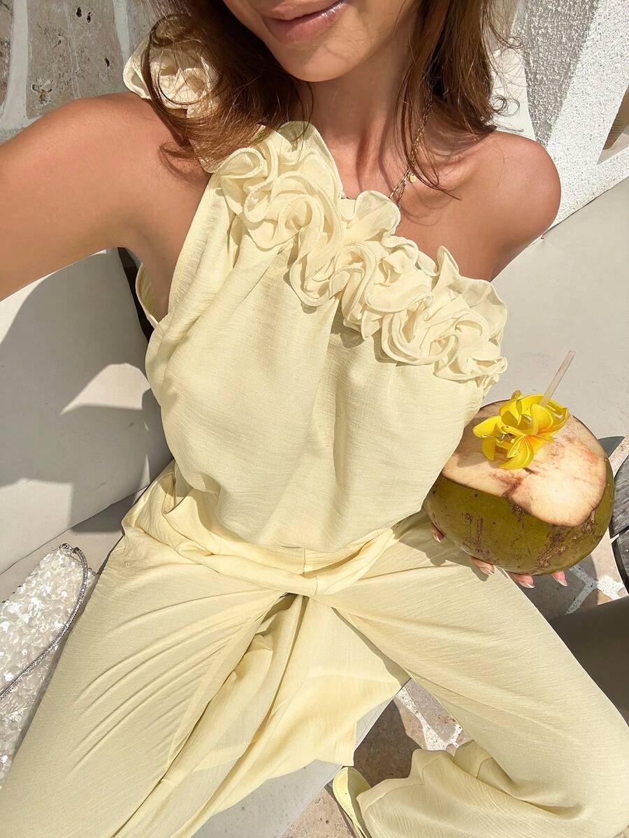 abyoxi Cream Yellow One Shoulder 3D Ruffle Detail Top And High Waist Wide Leg Pants 2 Pieces Set - Elegant Vacation Style - Light Yellow - View 1