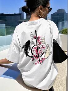 Women's White Short Sleeve Crew Neck T-Shirt With Koi Carp Print, Versatile Casual Japanese Style Top, Suitable For Daily Summer Wear--Soft, Comfortable, Loose Cotton T-Shirt For Casual Wear. - 白色的 - 查看 6