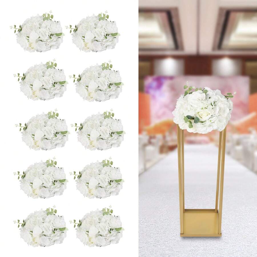 RainWeel 10 Pcs Flower Ball Arrangement Bouquets, 30*20cm Plastic Flowers Balls, Fake Rose Flower Ball For Wedding Centerpieces, Floral Ball Arrangement For Table Decor, Artificial Flower Table Centerpieces Decoration, Realistic Flowers Bouquet For Wedding, Party Event, Anniversary, Home Decoration (Champagne/White, Green) - 白色 - 查看 1