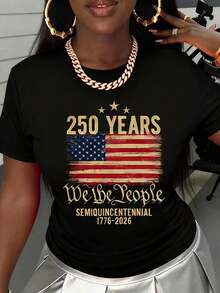 Camiseta Casual Blanca para Mujer con Estampado de la Bandera Americana "250 Años Nosotros, el Pueblo" 1776 2026, Ropa Patriótica para Celebración del Día de la Independencia, Eventos del 4 de Julio y Días Festivos Nacionales. - Negro - Ver 2