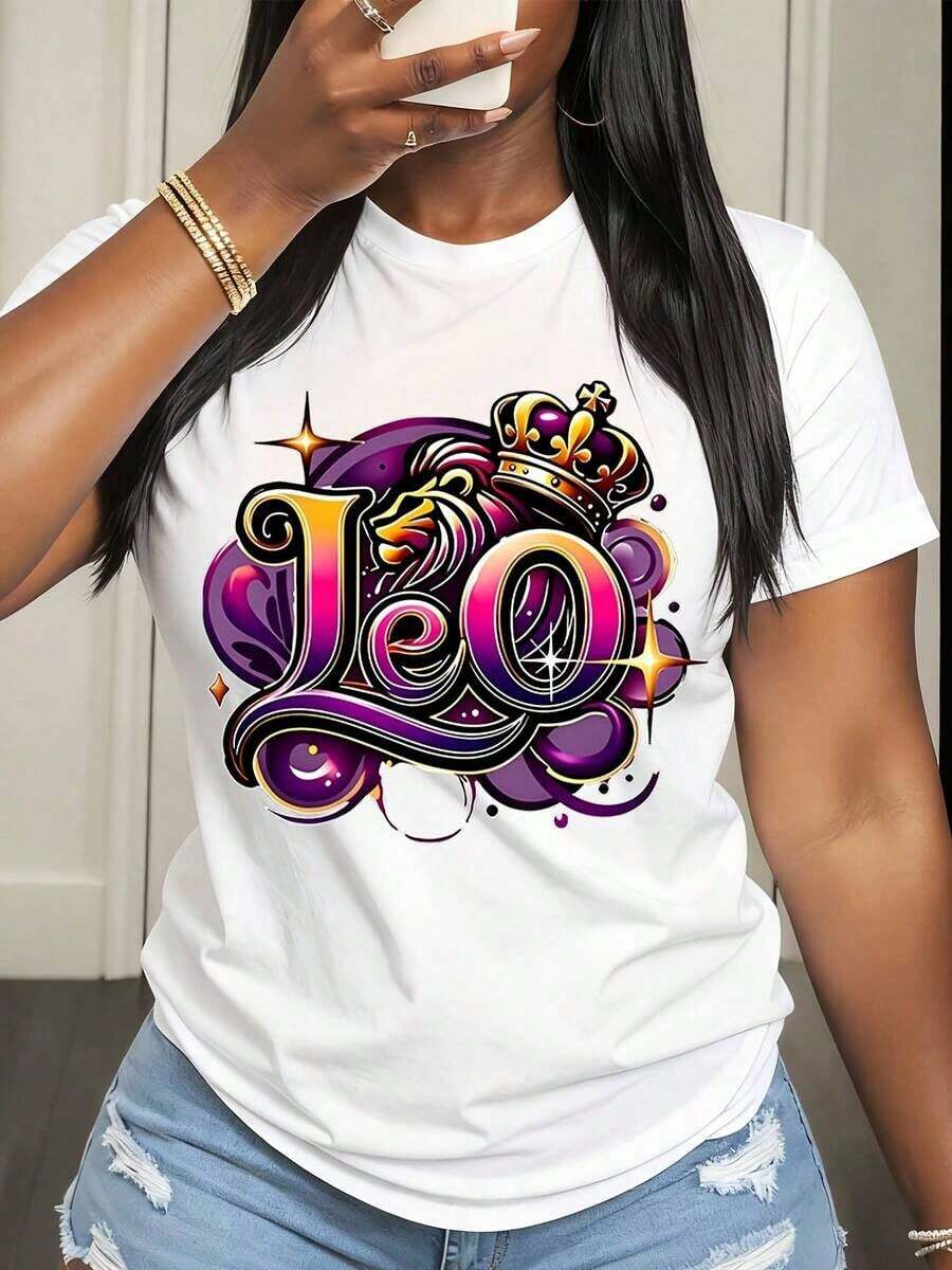 Women's T-Shirt With Leo Zodiac Sign Graphic Design And Crown, Casual Everyday Wear, Fashion Top, Summer Outfit Option - 白色 - 查看 1