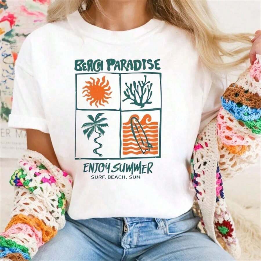 Camiseta Casual Minimalista de Moda para Mujer, Estilo Verano, Estampado de Dibujos Animados, Cuello Redondo, Estilo Casual de los 90, Estilo Harajuku, Nueva Camiseta Vintage de Estilo Urbano, Unisex, de Algodón, Manga Corta, Cuello Redondo, Holgada. - Blanco - Ver 1