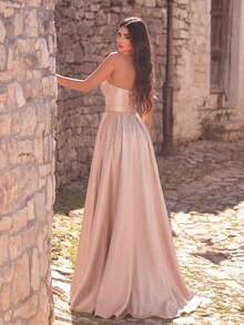 Elegant Buckle Waist Satin Formal Ball Strapless Dress - Champagne - View 2