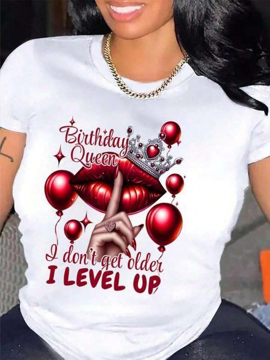Camiseta con Estampado de Cumpleaños de Reina de ClassicQueen,% Algodón, Camiseta Casual de Cuello Redondo con Estampado de Globos y Labios, Largo Regular, Tejido de Punto, Adecuada para Todas las Temporadas, Camiseta para Todas las Temporadas |   Diseño Humorístico |   Blusas casuales de elasticidad media para mujer - Blanco 2 - Ver 1