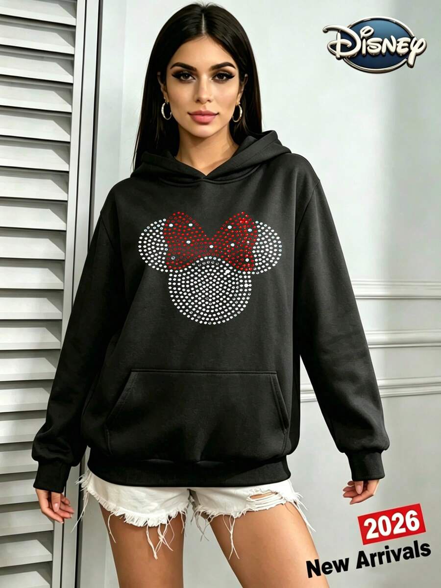 This Disney Minnie Mouse Rhinestone Bow Print Hoodie Is A Fun And Relaxed-Fit Top With A Casual And Stylish Print. It's A Versatile And Easy-To-Match Holiday Gift Choice. (Women's Autumn/Winter Clothing/Elegant Women's Wear/Patterned Hoodies/Printed Tops/Women's Casual Wear/Women's Fashion /Holiday Sets/Plus Size Friendly) - màu đen - Xem 1