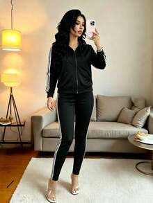 Conjunto de 3 piezas de ropa deportiva para mujer que incluye: Cárdigan con cremallera de punto negro + Top de tirantes + Pantalones - Negro - Ver 2
