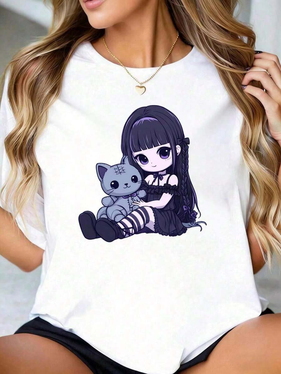 Women's Clothing: Crew Neck T-Shirt With A Unique And Interesting Anime Girl And Cat Print, Gothic Style, For Women. Graphic Tee With A Cute And Fashionable Cartoon Character, Casual, Suitable For Gifts. Women's Shirts - 白色 - 查看 1
