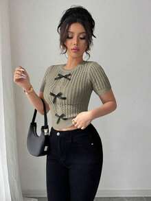 Blusa de mujer con tejido de cuerda hueco y decoración de mariposa, adecuada para la playa - Verde - Ver 3