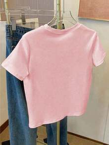 Camiseta de manga corta casual de mujer con bordado de cerezas, para verano - Rosa - Ver 2