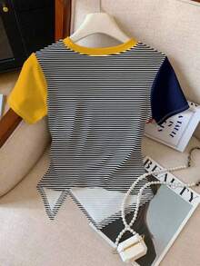 Camiseta ajustada de cuello redondo versátil de ajuste ceñido con estampado de leopardo, nueva llegada primavera/verano para mujer - Multicolor - Ver 2