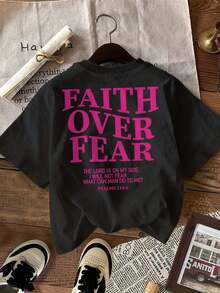 Camiseta "Fe por Encima del Miedo" para Mujer, Talla Grande, con Estampado de Letras "Fe por Encima del Miedo"|   Cuello Redondo, Manga Corta, Camiseta Casual Para Todas Las Temporadas - Camiseta Gráfica Unisex de Manga Corta con Cuello Redondo de Corte Regular - Albaricoque - Ver 8