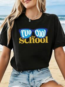 Conjuntos divertidos y únicos de estilo universitario. Camiseta de primavera-verano de cuello redondo, estampada con el diseño "TOO COOL for SCHOOL", para mujer de talla grande. Adecuada para salidas animadas, actividades al aire libre, desplazamientos diarios, ropa versátil y elegante. - Negro - Ver 6