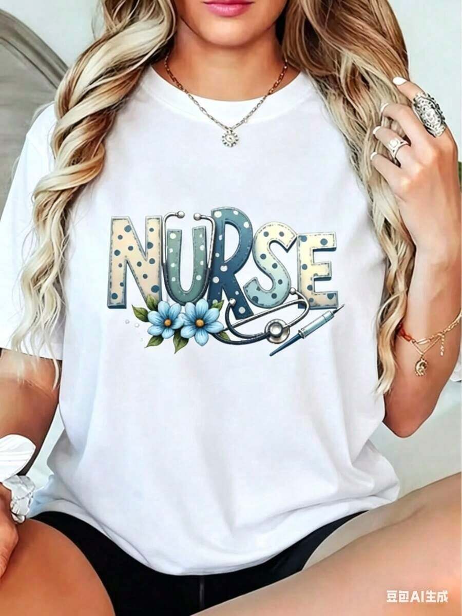 1 pieza Camiseta Casual de Manga Corta para Mujer con Estampado de Texto de Enfermera, Estetoscopio y Flores Azules, 180g Algodón 100% - Blanco - Ver 1