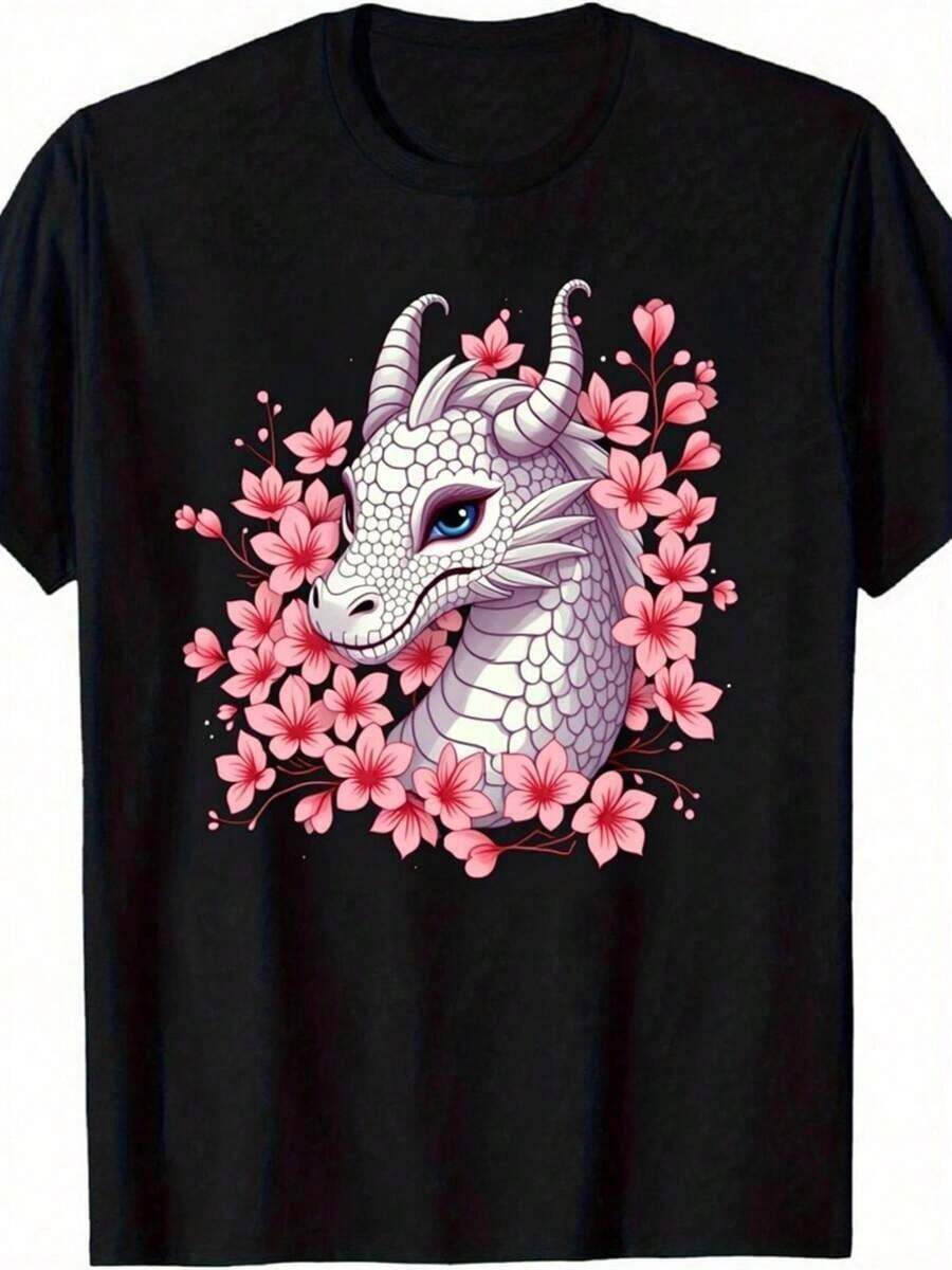 Camiseta única con diseño de dragón blanco rodeado de flores rosas estilo y2k ideal para los amantes de la moda alternativa en México destaca por su arte exclusivo y vibrante ideal para lucir en cualquier ocasión atrévete a llevarla y muestra tu estilo único - Negro - Ver 1