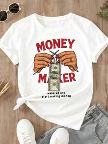 Camiseta de manga corta para mujer con estampado gráfico de "Money Maker" con manos sosteniendo un billete de dólar y texto "Despierta y empieza a ganar dinero", estilo casual para uso diario. - Blanco - Ver 2