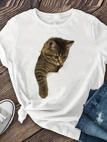 Camiseta de mujer - Camiseta casual de manga corta con un diseño de un lindo gato asomándose, tela suave y elástica, diseño de cuello redondo estándar, lavable a máquina, adecuada para primavera, verano y otoño, top con estampado de gato. - Blanco - Ver 1