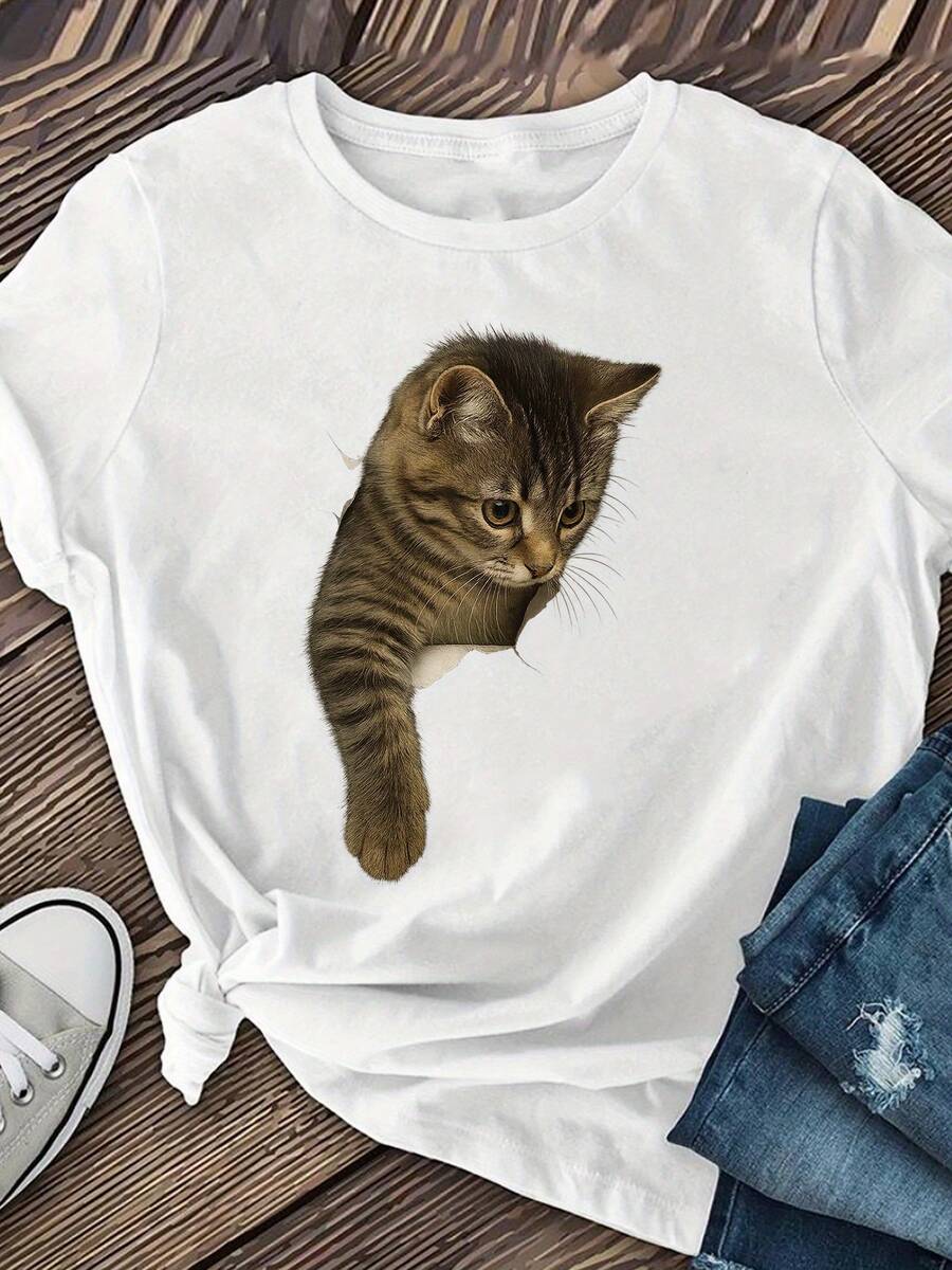 Camiseta de mujer - Camiseta casual de manga corta con un diseño de un lindo gato asomándose, tela suave y elástica, diseño de cuello redondo estándar, lavable a máquina, adecuada para primavera, verano y otoño, top con estampado de gato. - Blanco - Ver 1