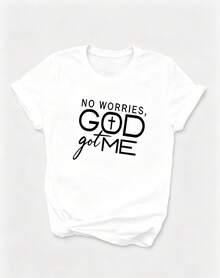 3 Nuevo modelo 2026, camiseta casual de manga corta para mujer de una pieza, estampada con los diseños "La fe puede mover montañas", "Jesús es mi Dios", "No hay necesidad de preocuparse, Dios se encargará de mí", camiseta de manga corta con cuello redondo para mujer, top deportivo casual de algodón puro y transpirable, regalo navideño Chun Die. - Blanco - Ver 2