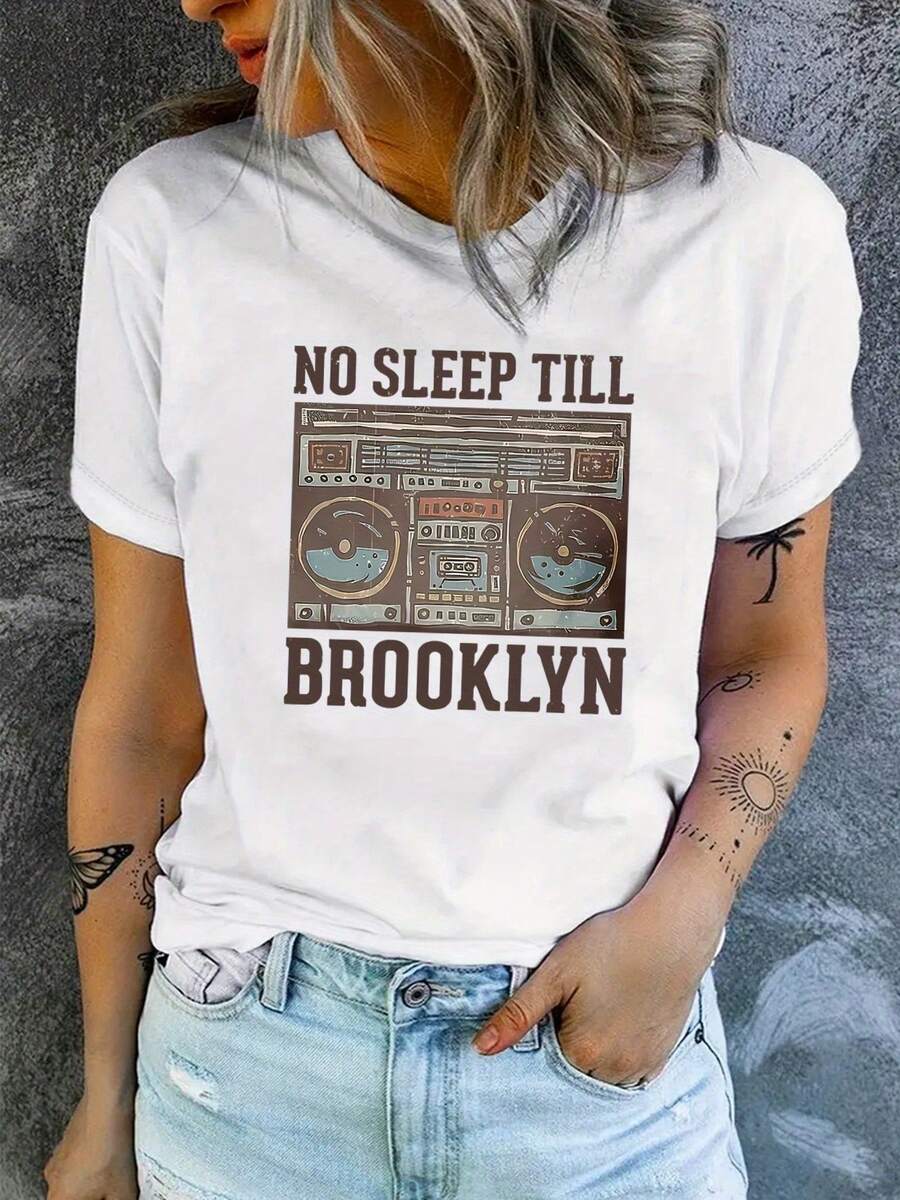 Women's T-shirt Top de manga corta para mujer, de moda, con cuello redondo y estampado de radio. - Blanco - Ver 1