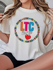 Camiseta de Mujer Casual con Cuello Redondo, Opciones en Blanco y Negro, Estampado Colorido de Enfermera LTC, Camiseta Gráfica con Mensajes de Amabilidad, Confianza, Amor, Diversión y Compasión, Camisetas para Uso Diario, Tops de Verano, Camisetas Gráficas, Conjuntos de Verano, Camisetas Cortas para Mujer, Tops Vintage de Algodón, Ropa Linda para Mujer, Playera Holgada para Mujer - Blanco - Ver 7