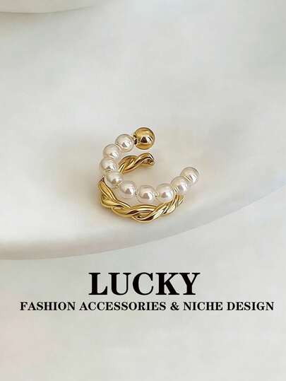1pc Retro Fashion Elegant Versatile Faux Pearl Twist Hoop Earrings, Suitable For Teenage Girls Everyday, Festivals And Parties