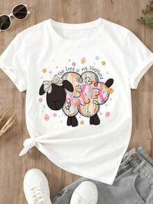 Oferta por tiempo limitado, cantidad limitada disponible,  relámpago, camisas de mujer, camisetas de mujer Camiseta para mujer con diseño de oveja adorable y texto <<El Señor es mi pastor» - Estampado gráfico con temática de Pascua - Blanco - Ver 2