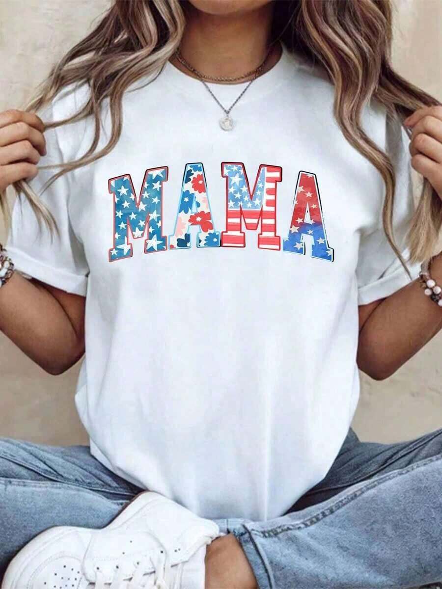 1 pcsPatriotic Mama T-Shirt American Flag Design Fourth Of July Independence Day Celebration Women's Casual Shirt Red And Blue Stars And Stripes Mother's Day Gift,180g Algodón 100% - Blanco - Ver 1