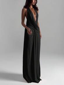 DOUCIU Asymmetrical Criss-Cross Backless Sexy Halter Dress, Suitable For Party & Birthday Events - Black - View 3