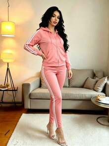Conjunto de 3 piezas de ropa deportiva para mujer que incluye: Cárdigan con cremallera de punto negro + Top de tirantes + Pantalones - Rosa - Ver 5