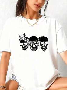 1 Women's Music-Themed T-Shirt - Retro T-Shirt With Guitar, Headphones, And Musical Notes Design - Stretchy T-Shirt For Everyday Wear, Concerts, Parties, And Casual Outfits - Sizes S-XL - Gift For Music Lovers, Party Favors - 180g 100% Cotton - 白色 1 - 查看 2