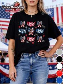 Men's Crew Neck T-Shirts 100% Cotton | 250th American Independence Day T-Shirt, Celebrated On July 4th, Classic Fit, Casual Style, Available In Various Sizes, Printed With The National Flag And A Bow Design -- Versatile Basic Crew Neck T-Shirt For Women. - 黑色 - 查看 7