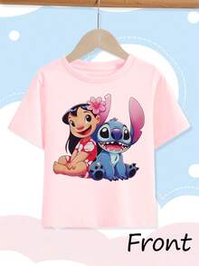 [Authorized] Stitch And Lilo Print Disney Girls Summer Round Neck Casual T-Shirt For Children, Slightly Stretchy Fabric, Suitable For Birthday Gifts, Ideal For Daily Activities, Sports, And Travel, Summer T-Shirts For Girls - Hồng - Xem 2