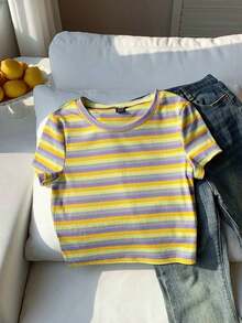 Camiseta ajustada de mujer tejida con rayas de colores - amarillo ganso - Ver 5