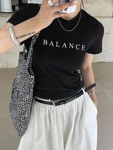 Camiseta de manga corta para mujer con impresión de letras para el verano - Negro - Ver 6