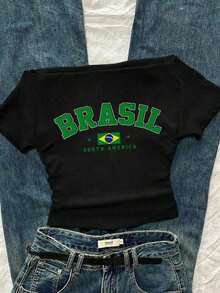 Camiseta blanca de manga corta, ajustada, con hombros descubiertos y fruncido en la cintura, estilo casual, adecuada para el verano, con estampado de leopardo y cereza - Negro 2 - Ver 9
