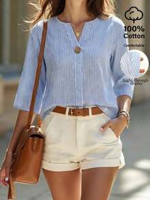 Camisa de algodón casual de mujer con cuello en V y mangas 3/4 a rayas - Azul y blanco - Ver 1