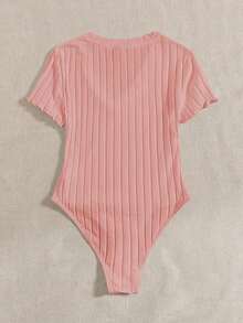 Body De Punto Acanalado Sólido Con Cuello En V Para El Verano - Rosa coral - Ver 2