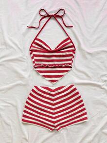 Nuevo conjunto informal de vacaciones de primavera/verano para invitados a bodas en la playa, graduación, brunch, Día de San Patricio, Spring Break, Pascua, festivales de música, elegante, bohemio, tropical, con estampado de rayas azul y blanco, camiseta de tirantes finos y conjunto de 2 piezas - Rojo y blanco - Ver 2