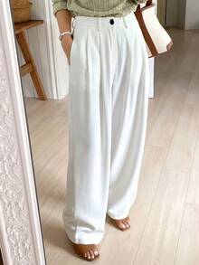 Pantalones rectos plisados de unicolor para mujer, pantalones de vestir casuales de otoño - Blanco - Ver 3