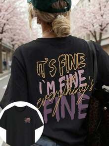 New Arrival 2026: Women's Summer T-Shirt With "FINE" Letter Print, Crew Neck, Short Sleeve, Dark Gray, Modern And Versatile, Suitable For Casual Spring Wear. Soft, Breathable, 100% Cotton Black Fabric, Women's Graphic Print T-Shirt For Everyday Wear. - 黑色 - 查看 1